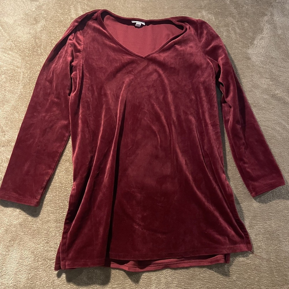 J Pure Jill Shirt Womens M Burgundy Velour Tunic Long Sleeve Vneck Side Slits